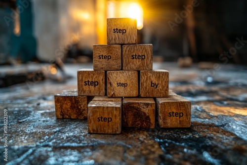 Stacked wooden blocks in a cozy setting with soft warm lighting photo