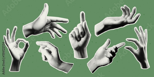 Hand  halftone effect . Vector cut out sticker. Trendy modern collage design element for a greeting card, collage, cover design.