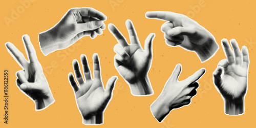 Hand  halftone effect . Vector cut out sticker. Trendy modern collage design element for a greeting card, collage, cover design.