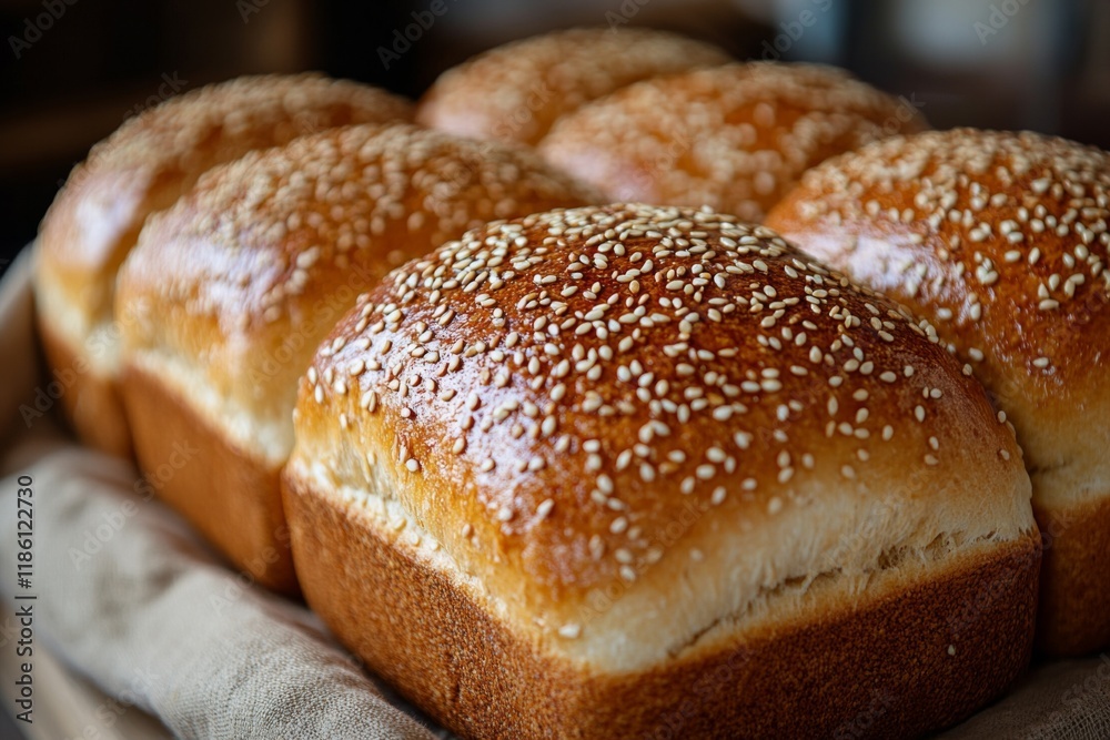 Freshly baked bread loaf with sesame seeds and golden crust Freshly baked bread loaf with sesame seeds and golden crust