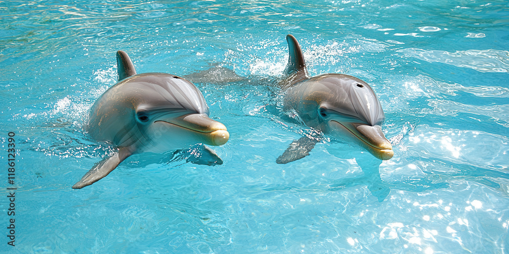 Obraz premium Dolphins swimming gracefully in clear blue water, showcasing perfect synchronicity