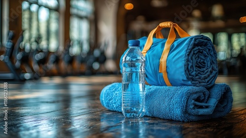 Exercise gear with towels and water bottle. photo