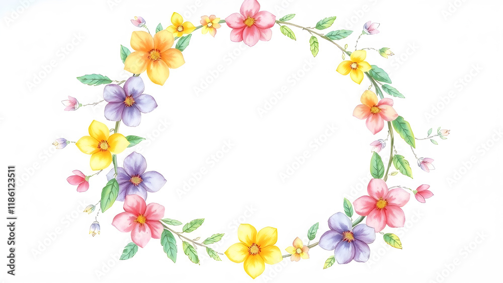 Fototapeta premium Pastel drawing artistic image of floral wreath as a frame for round white space. some leaves or flowers may overlap that white background. it has to be colorful, look natural. Generative AI