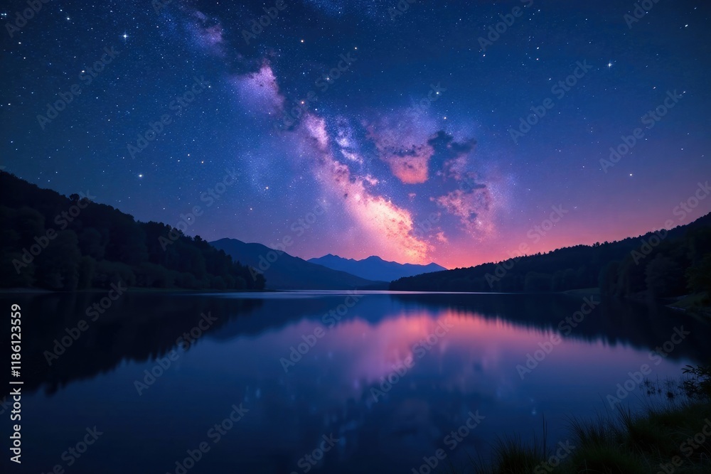Fototapeta premium Glowing starry sky over a serene lake at dusk, peaceful, starry