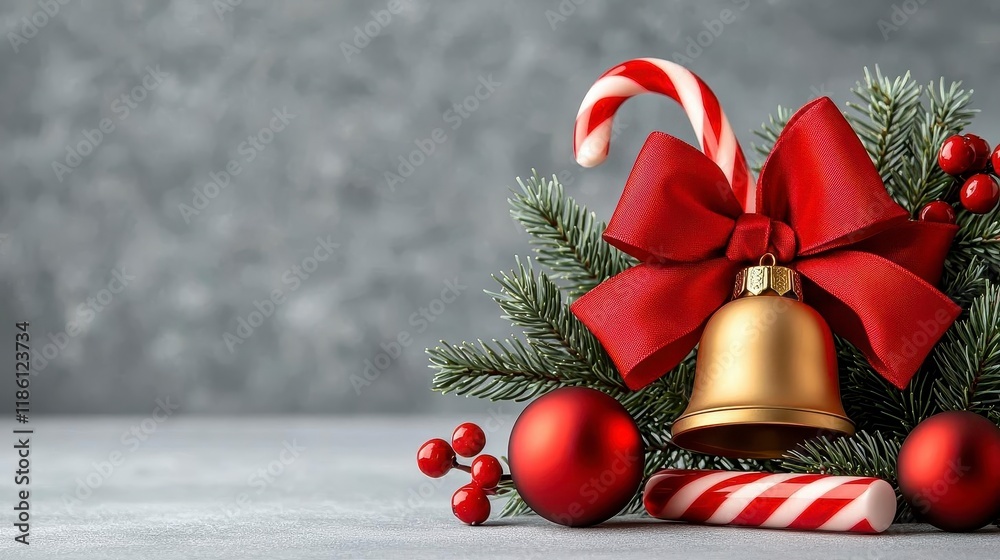 Obraz premium A photostock of a festive Christmas scene with red ribbons, candy canes, and a golden bell surrounded by evergreen sprigs, set against a soft pastel background, High Quality