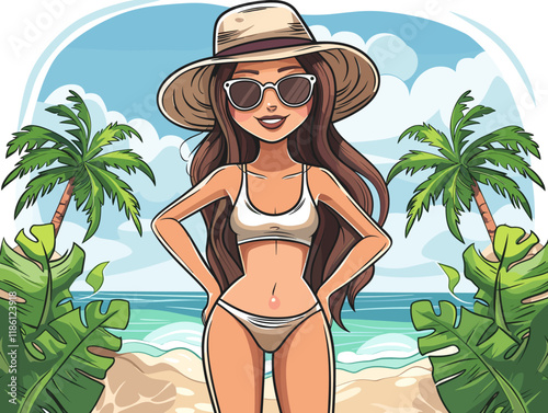 Vector illustration of a girl in a swimsuit and sunglasses on the background of palm trees.