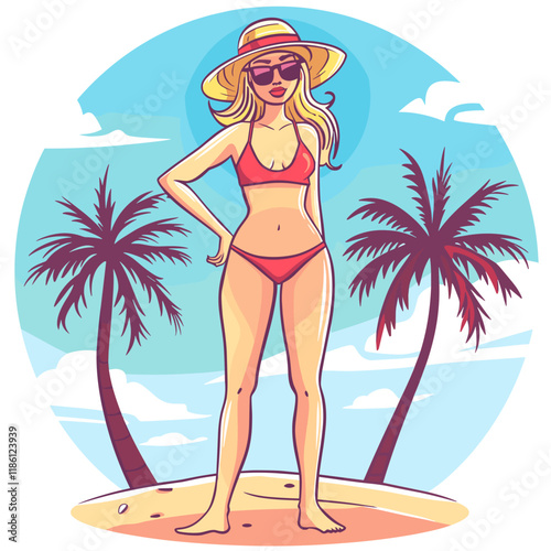 Vector illustration of a beautiful woman in a swimsuit on the beach