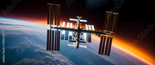 Fototapeta Naklejka Na Ścianę i Meble -  A breathtaking capture of the International Space Station contrasting beautifully against vibrant horizons