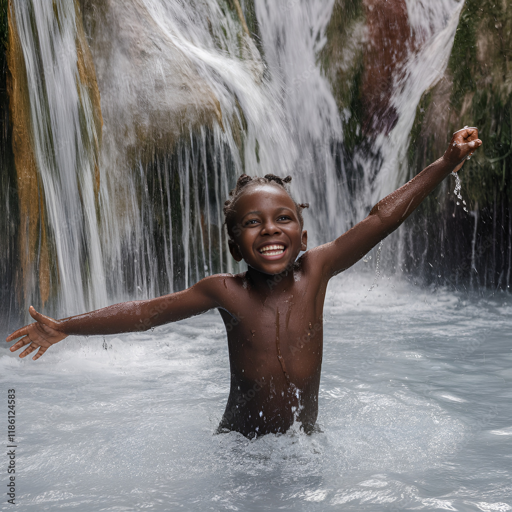 Fototapeta premium Smiling dark-skinned child enjoys refreshing stream of waterfall in tropical forest, moment of pure joy and unity with nature.