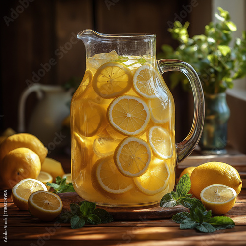 A large glass pitcher of lemonade, filled with ice and slices of fresh lemons, sits on an old wooden table surrounded by scattered mint leaves and cut-up lemons. photo