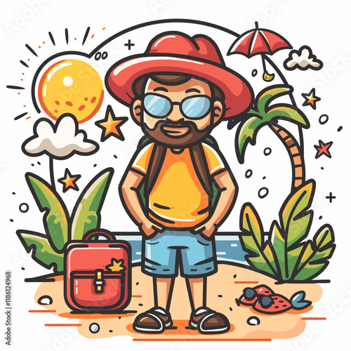 Bearded man in summer hat and sunglasses standing near the beach. Vector illustration