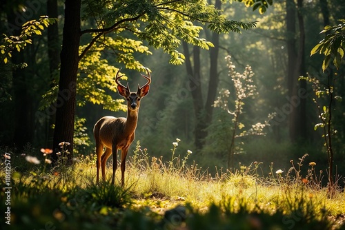 Majestic deer standing in sunlit forest clearing