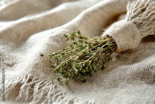 Dried thyme sachet on natural fabric kitchen decor culinary inspiration rustic environment close-up view herb aromatics for home cooking photo