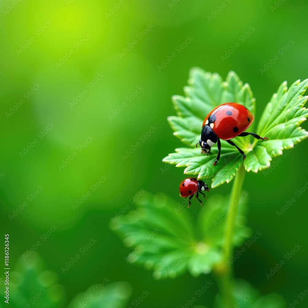 Ladybug and small bug on nettle leaf with stem, leaf, ladybug Ladybug and small bug on nettle leaf with stem, leaf, ladybug