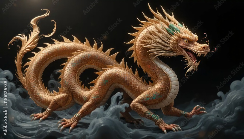 Fototapeta premium Magnificent Golden Dragon Emerging from Mystical Waves: A 3D Rendered Artwork