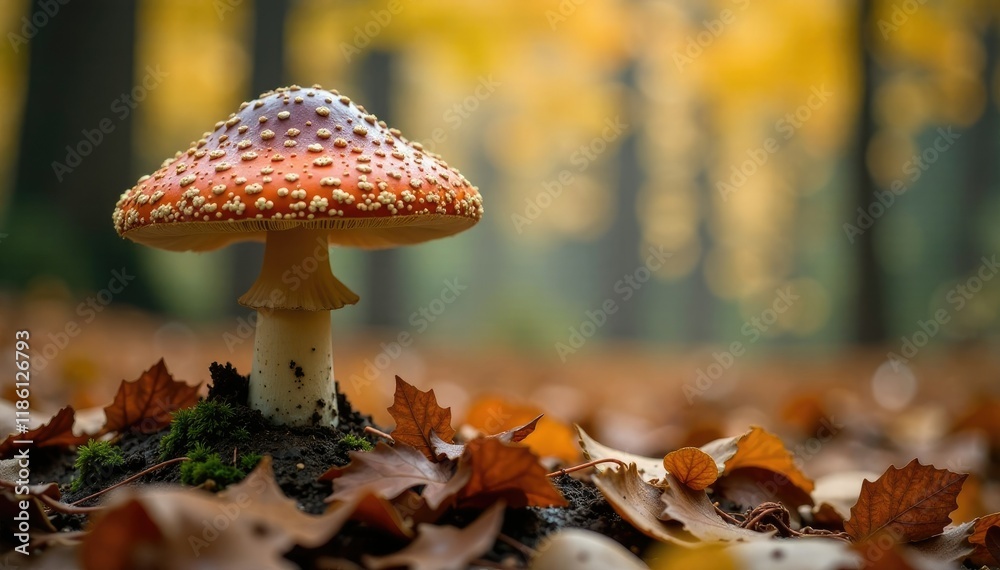 Large brown mushrooms with white spots in autumn forest, forest, autumn Large brown mushrooms with white spots in autumn forest, forest, autumn