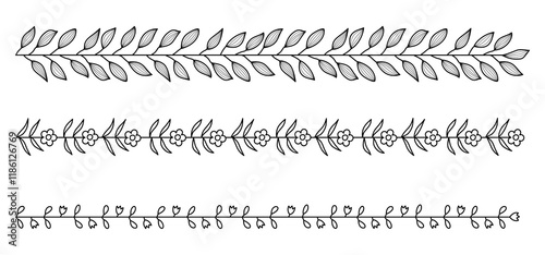 Simple hand-drawn black outline. Horizontal long floral garland. Branch, leaf frame, border. Ink sketch, set.