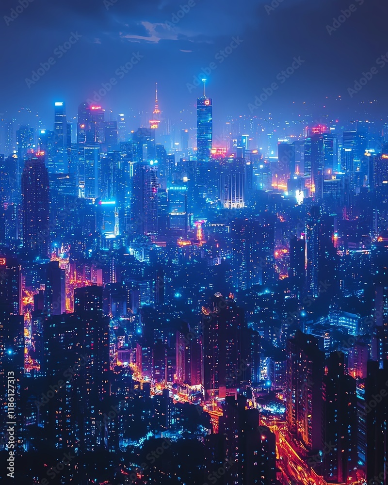 Fototapeta premium Futuristic city skyline illuminated with interconnected 5G network nodes