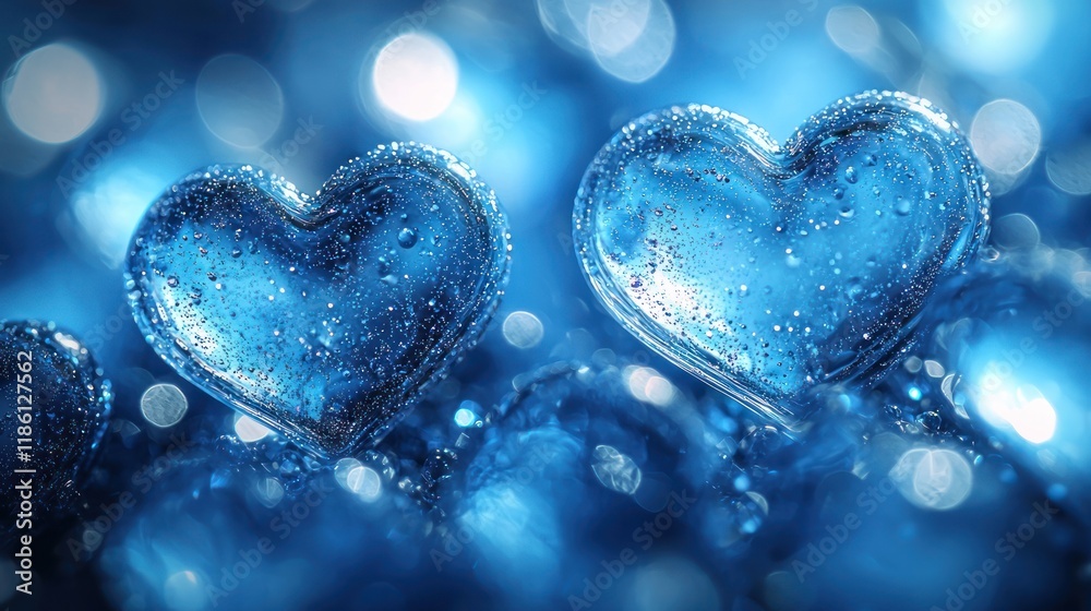 Fototapeta premium Blue ice hearts with bubbles and a shimmering background.