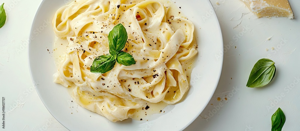 Fettuccine Alfredo Fettuccine served with a cheese and butter sauce plated with a top view copy space