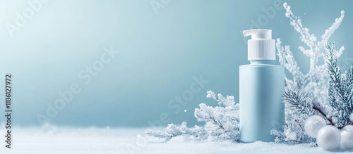 Winter care cosmetics on a colored backdrop space for text insertion minimalistic design Skin care skin hydration. with copy space image. Place for adding text or design photo