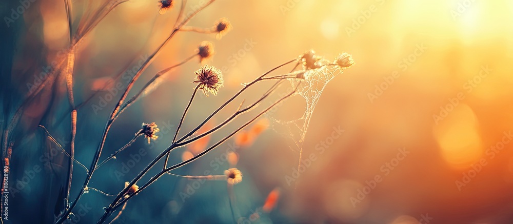 Fototapeta Autumn abstract background featuring a dry plant at sunrise with a web vintage retro image. with copy space image. Place for adding text or design