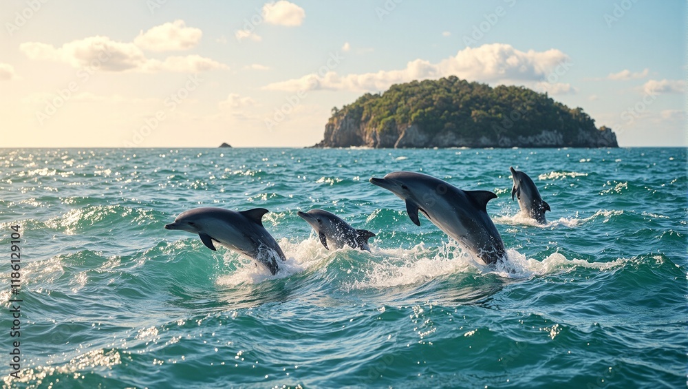 Mesmerizing image of dolphins jumping in turquoise waters under a golden sun with a lush island in the distance Mesmerizing image of dolphins jumping in turquoise waters under a golden sun with a lush island in the distance