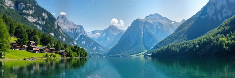 Obraz premium Swiss Alps scenery. Lakeside chalet nestled in green landscape. Calm water mirrors mountain peaks. Sunny day. Tranquil holiday view. Swiss vacation destination. Scenic resort. Peaceful summer day.