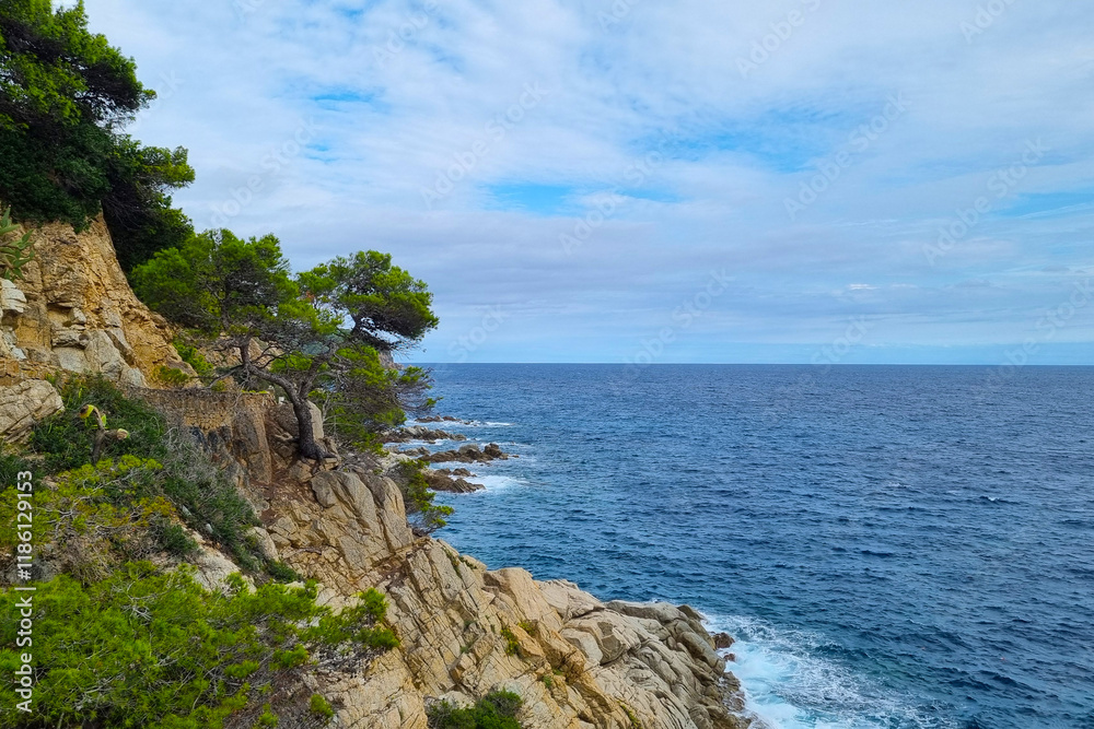 Serene Coastal Landscape with Rocky Cliffs and Vast Ocean View Serene Coastal Landscape with Rocky Cliffs and Vast Ocean View