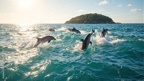 Mesmerizing image of dolphins jumping in turquoise waters under a golden sun with a lush island in the distance