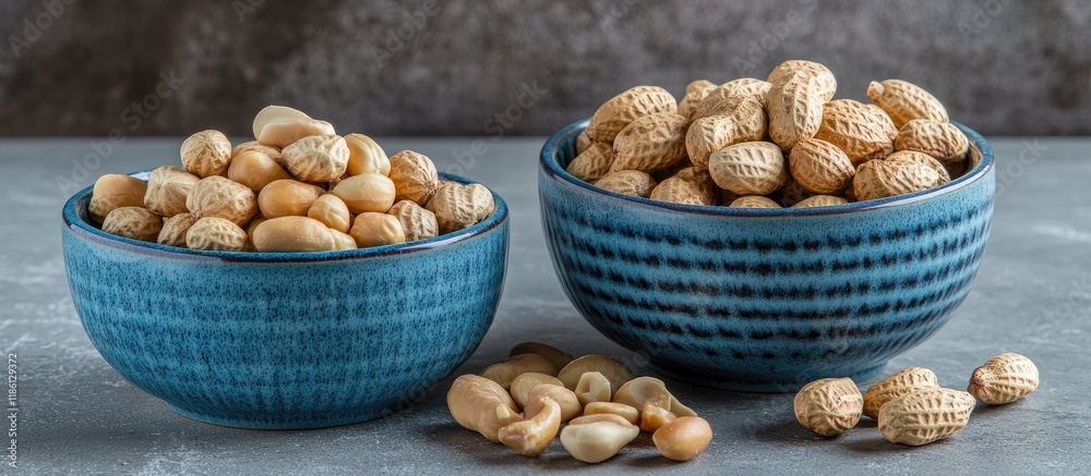 Two blue ceramic bowls contain nuts One bowl has peanuts in their shells while the other holds peeled nuts Beside the bowls are peeled peanut kernels set against a gray background Closeup Two blue ceramic bowls contain nuts One bowl has peanuts in their shells while the other holds peeled nuts Beside the bowls are peeled peanut kernels set against a gray background Closeup