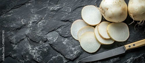 Peeled daikon radishes and ...