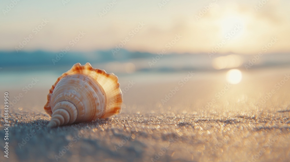 A beautiful seashell lies on the soft sand as the sun rises, casting a warm glow over the tranquil beach and gentle waves A beautiful seashell lies on the soft sand as the sun rises, casting a warm glow over the tranquil beach and gentle waves