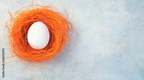 A white egg is centrally positioned in a bright orange nest against a soft blue-gray surface, highlighting simplicity and color contrast photo