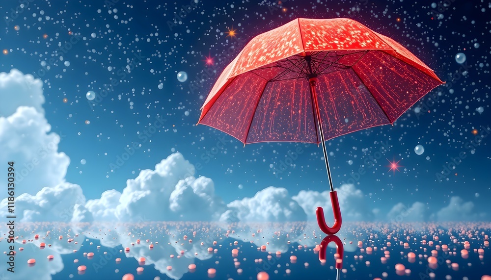 red umbrella sheltering from rain amidst dark clouds and cascading droplets red umbrella sheltering from rain amidst dark clouds and cascading droplets