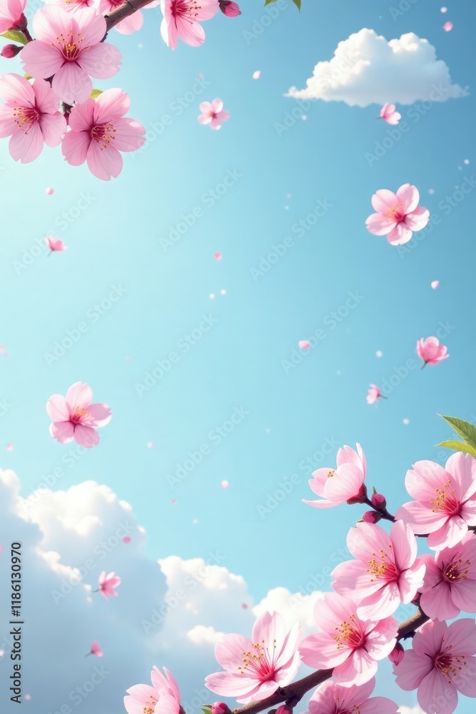 Pink cherry blossoms scattered on a soft pastel blue background with fluffy white clouds, garden, soft Pink cherry blossoms scattered on a soft pastel blue background with fluffy white clouds, garden, soft