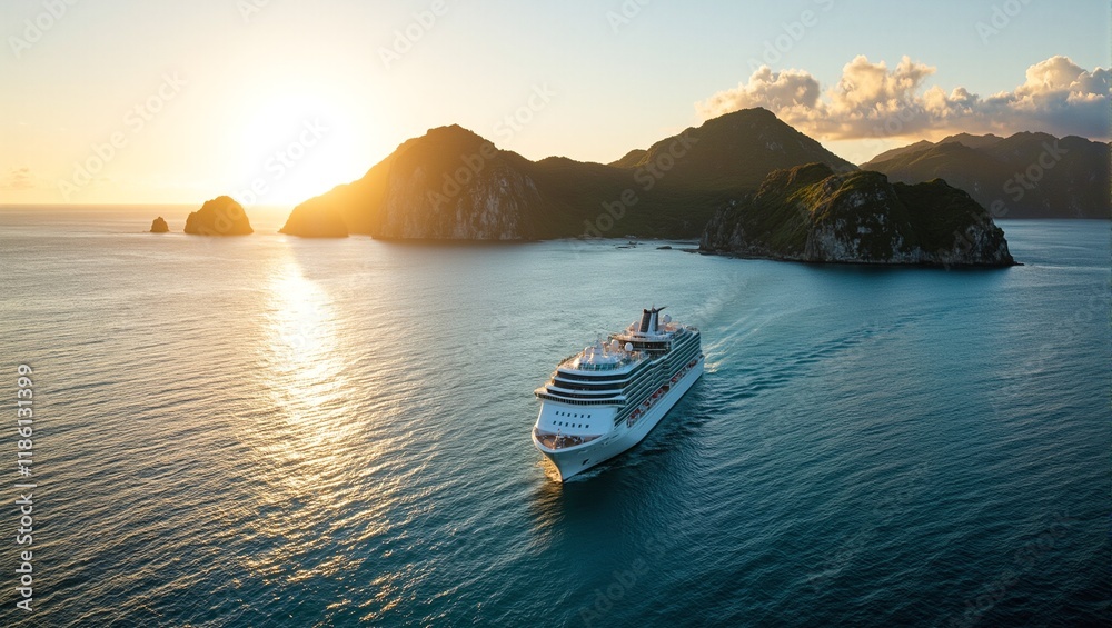 Naklejka premium Cruise ship at sunset near lush island chain with glowing reflections on calm sea and dramatic green hills