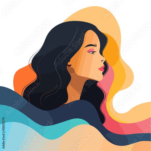 Vector illustration of a beautiful woman with long hair in the water.