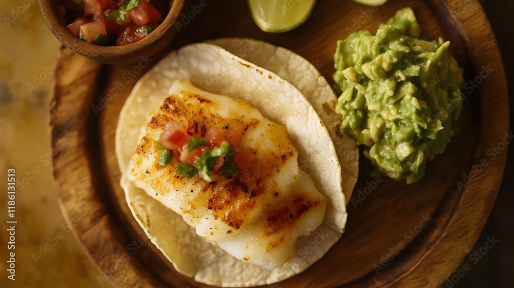 Fish taco on a wooden plate in restaurant. Fish taco on a wooden plate in restaurant.