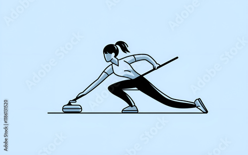 Female athlete smoothly pushing curling stone on ice in minimalist style