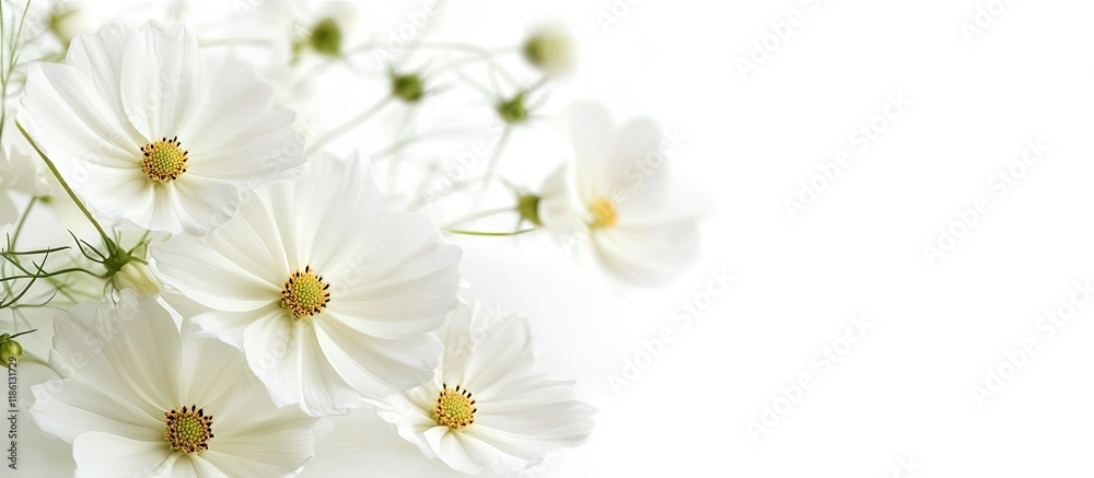 Fototapeta premium Studio shot of white cosmos flowers set against a white background Large depth of field DOF Macro. with copy space image. Place for adding text or design