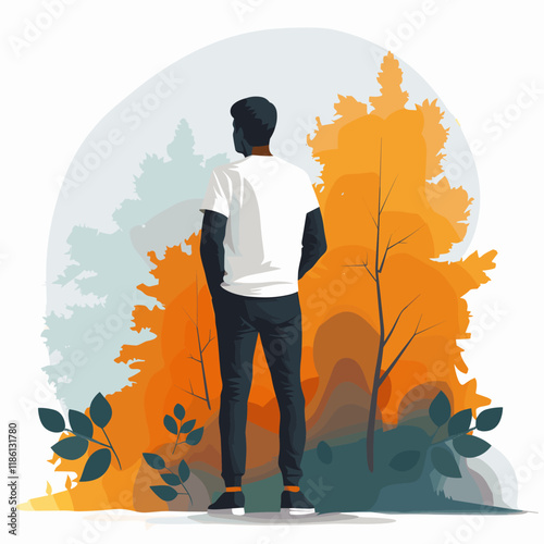 Back view of young man standing in autumn park. Vector illustration.