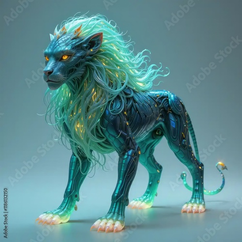 Cybernetic Lion: A Futuristic Fantasy Creature in Teal and Gold photo