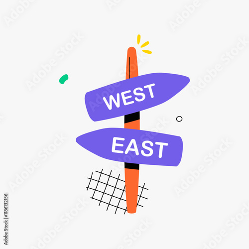 Direction Signpost With West And East Arrows In Flat Vector Illustration Symbolizing Navigation, Orientation, And Wayfinding, Isolated On White Background