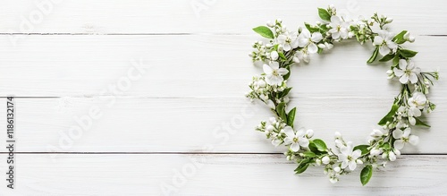 Round frame wreath design with flower buds set against a white wooden background Flat lay top view with copyspace for your text