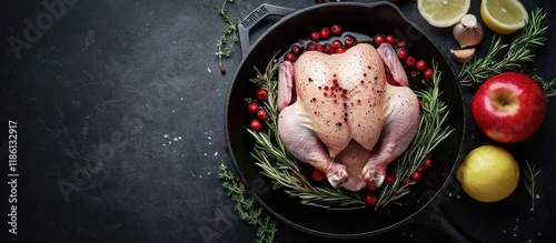Whole raw chicken in a skil...