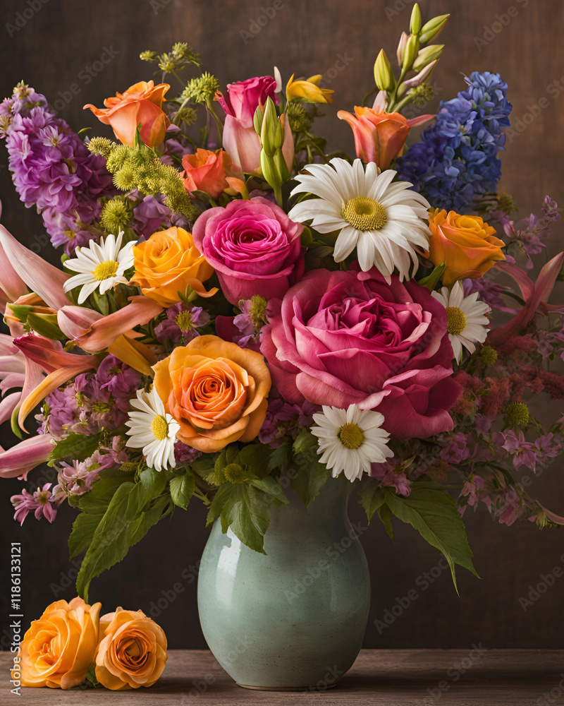 Obraz premium valentine, Valentine's Day, cute, basket, flowers, porch, love, romance, romantic, floral, gift, decoration, bouquet, hearts, celebration, holiday, roses, daisies, lilies, arrangement, pink, red, whit