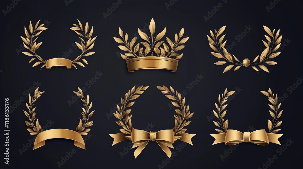 Golden Laurel wreath icon set. Award ceremony symbols, victory concept icons Golden Laurel wreath icon set. Award ceremony symbols, victory concept icons
