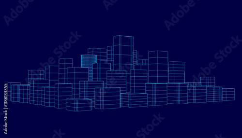 City skyline is shown in blue with a lot of detail. The buildings are tall and the city appears to be lit up at night. Scene is one of excitement and energy