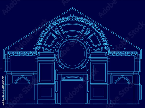 Blue drawing of a building with a large round window. The drawing is in blue and is very detailed